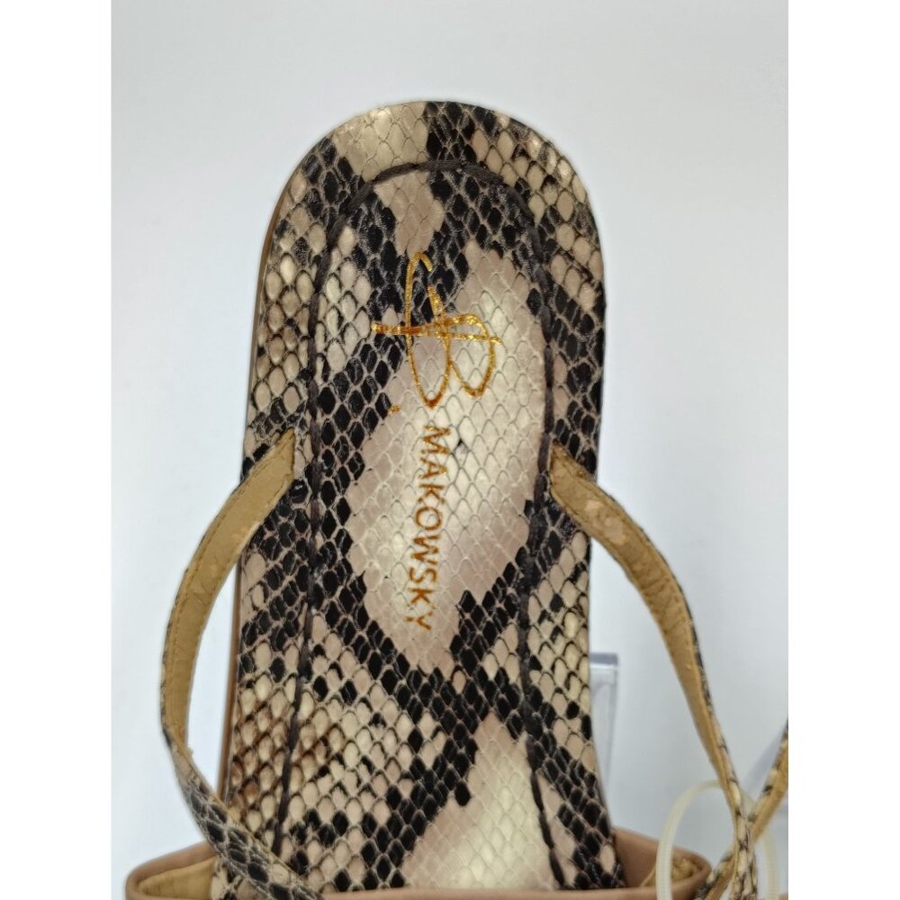B. Makowsky Women's Snake Print Thong Sandals Size 8.5 Beige & Brown Strappy Des - Picture 2 of 4